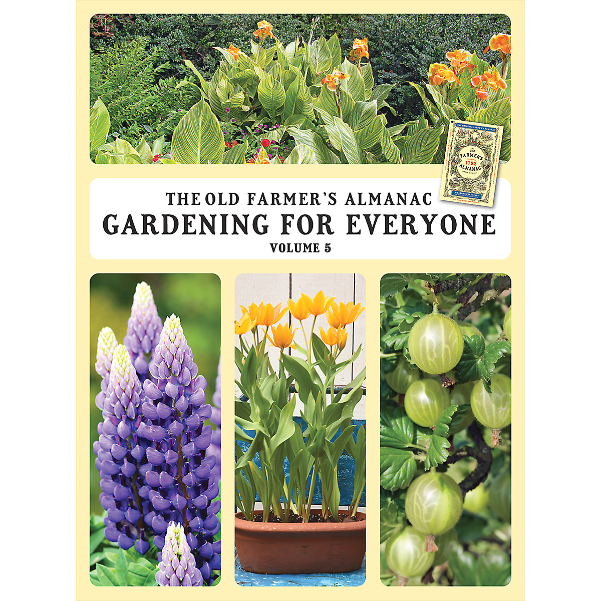 Book cover of 'Gardening for Everyone' by The Old Farmer's Almanac with images of plants and flowers.