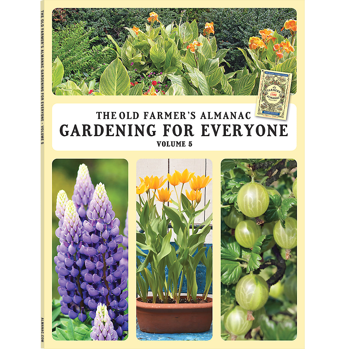 Book cover of 'Gardening for Everyone' by The Old Farmer's Almanac with images of plants and flowers.
