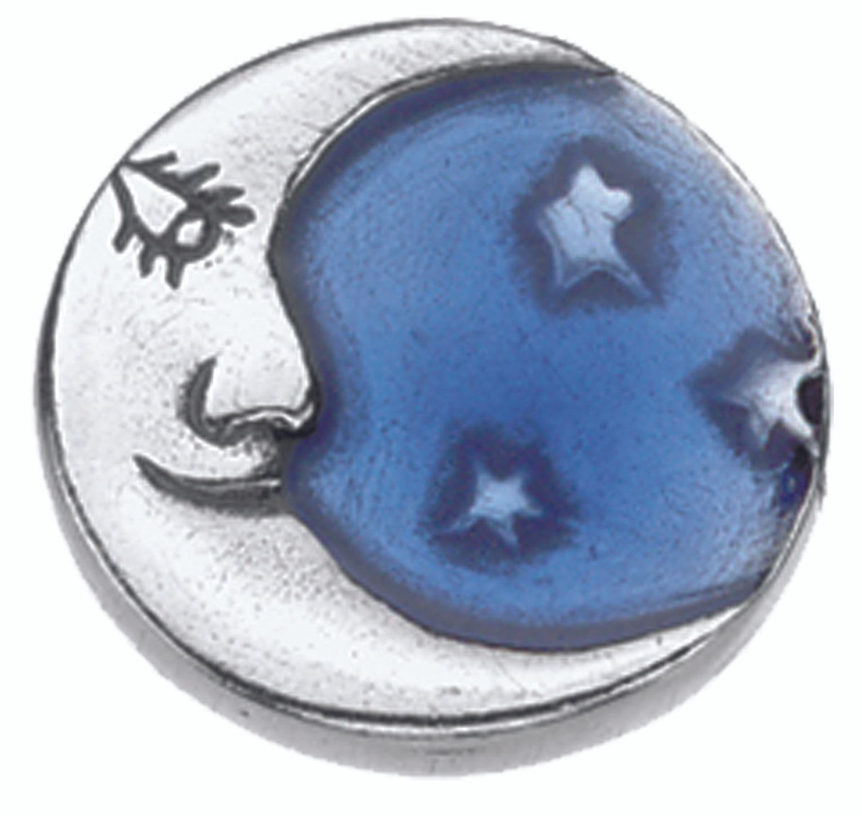a circular brooch with crescent moon face with closed eye on a blue background with 3 stars in the sky