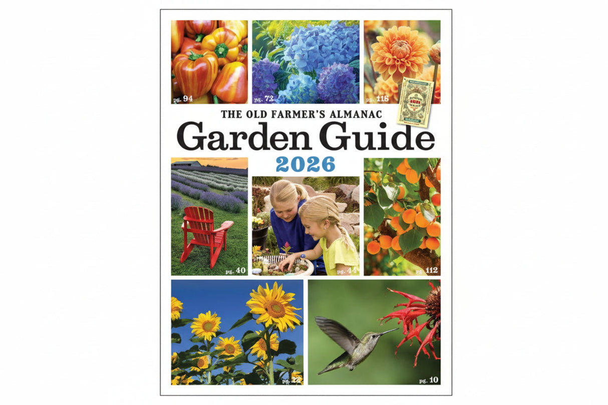 Cover of The Old Farmer's Almanac Garden Guide 2026 with images of flowers, vegetables, and people.