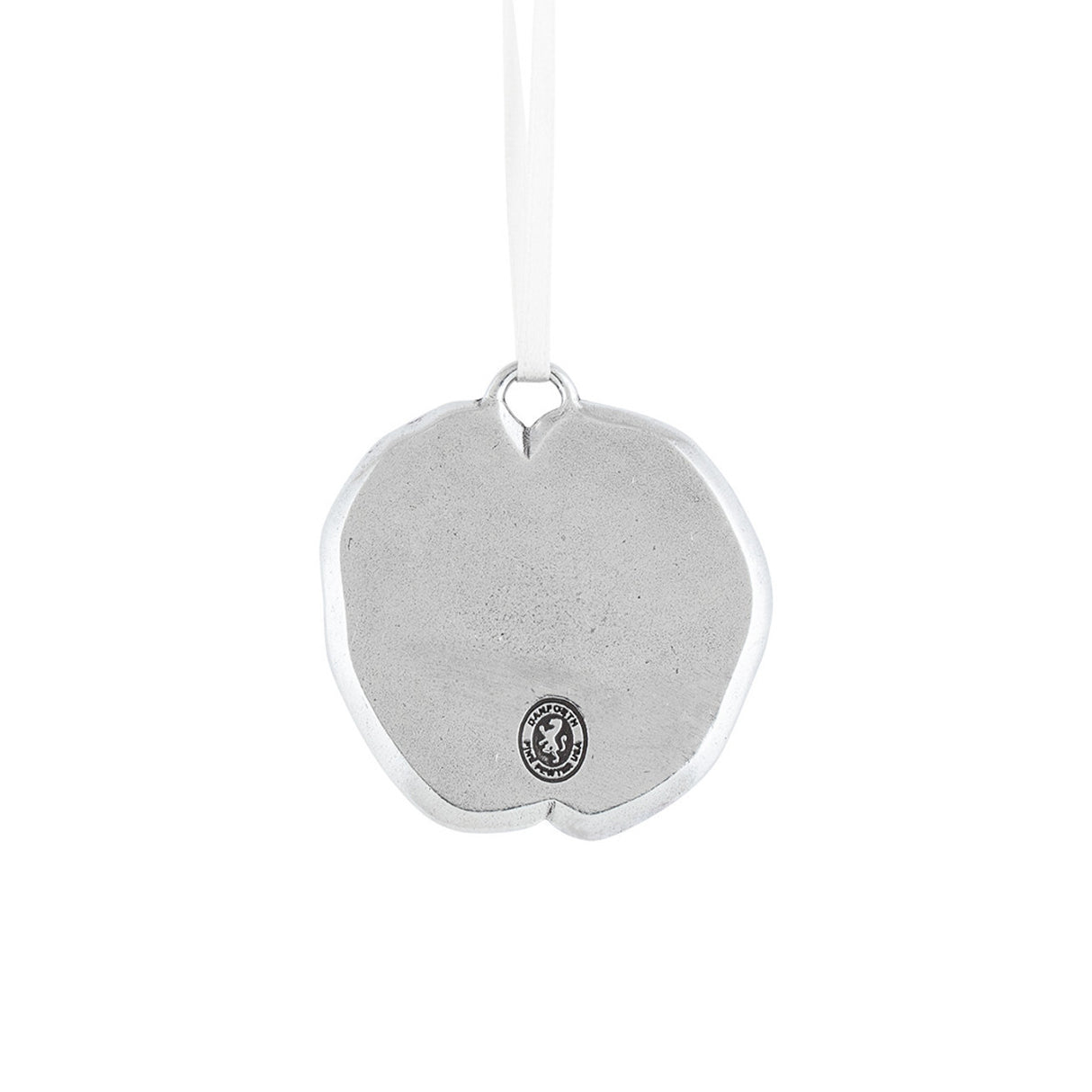 Back view of the Poppy Ornament displaying the maker's seal, indicating its handcrafted quality