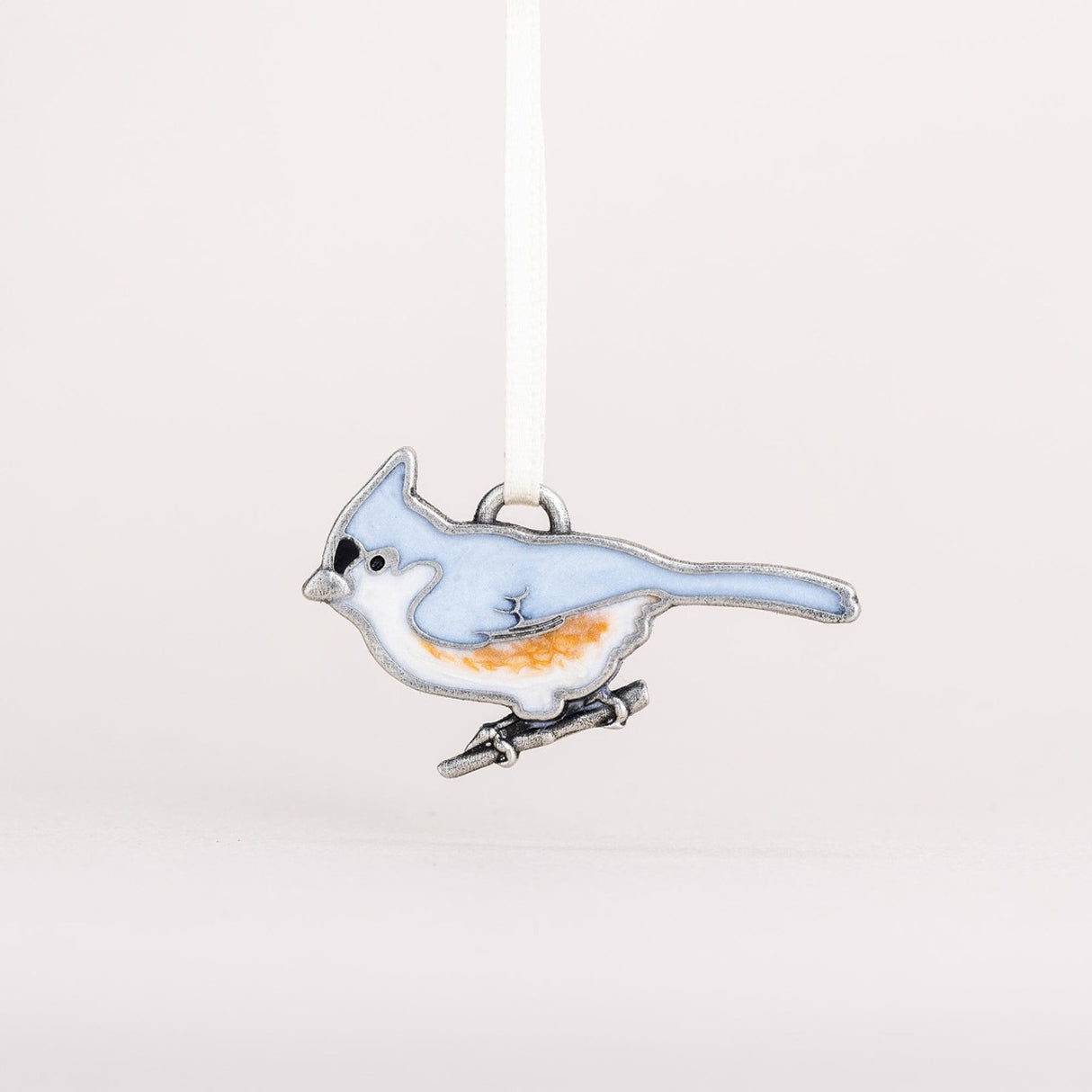 Hand-painted Tufted Titmouse Ornament featuring a blue-gray songbird with large black eyes, beautifully crafted in pewter