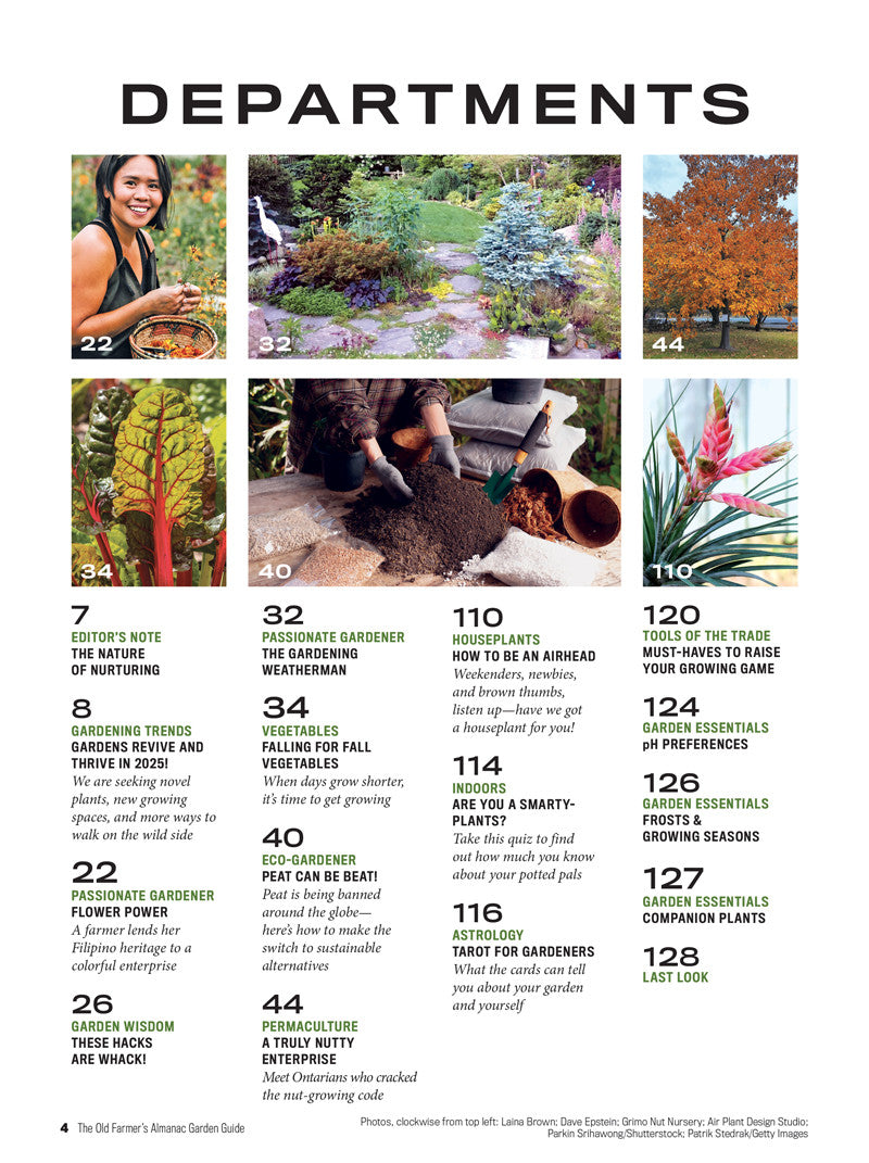 a departments page listing contents of the garden guide