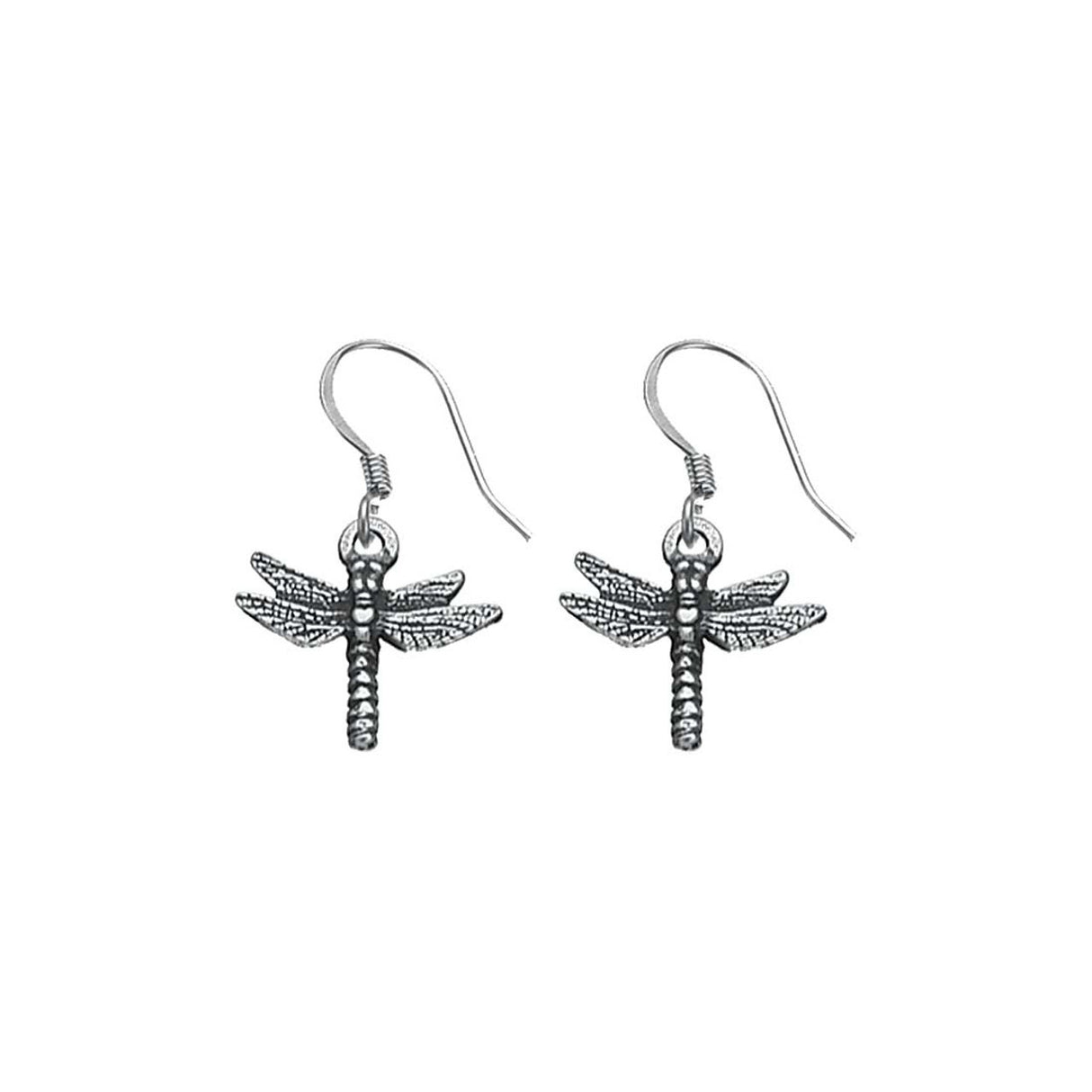 a pair of intricately detailed pewter earrings in the shape of dragonflies