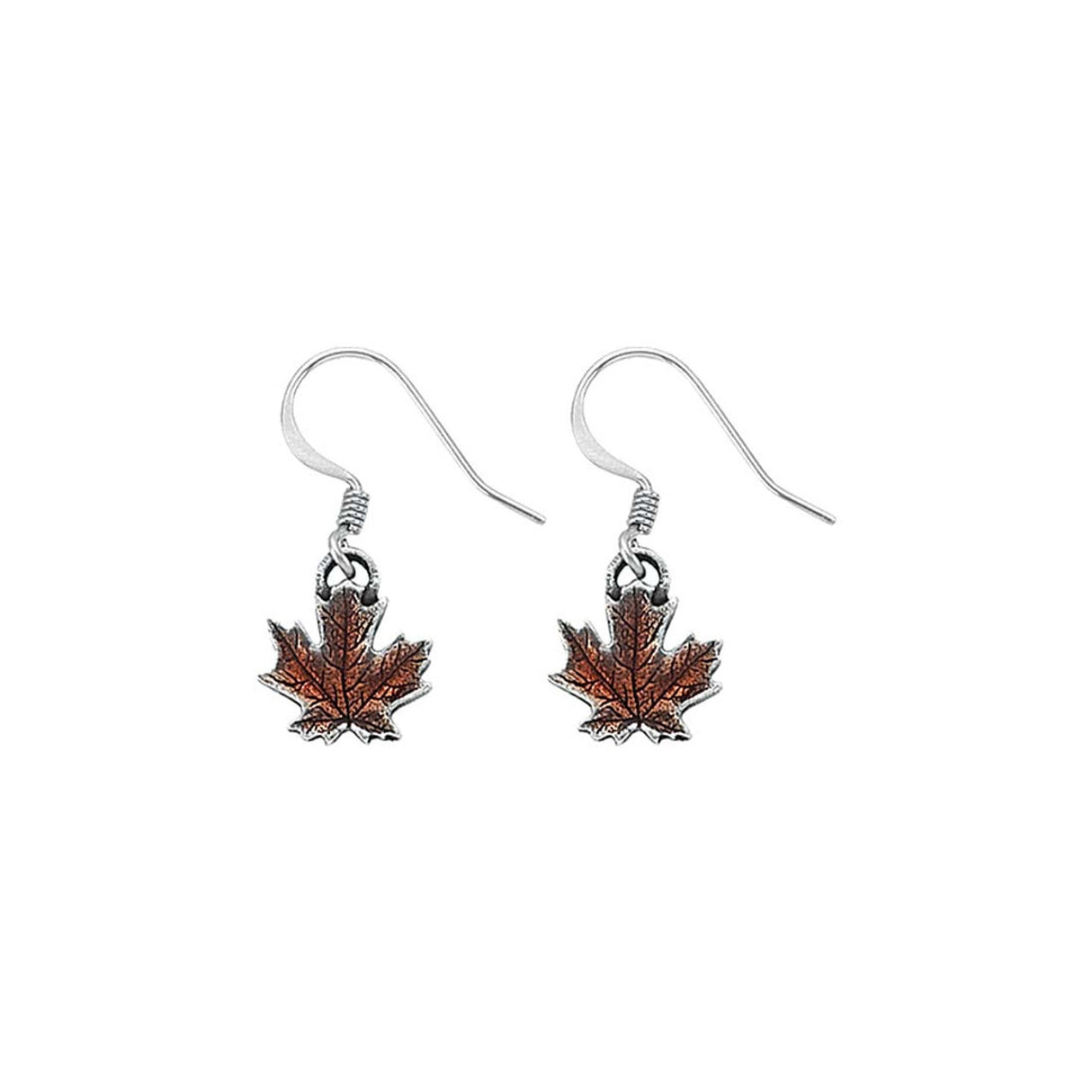 A pair of handcrafted pewter Mini Maple Leaf Earrings on a white background, showcasing their intricate leaf details and French surgical steel wire and brilliant autumnal orange color