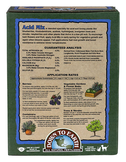 Back panel of 5lb box of Acid Mix 4-3-6 fertilizer