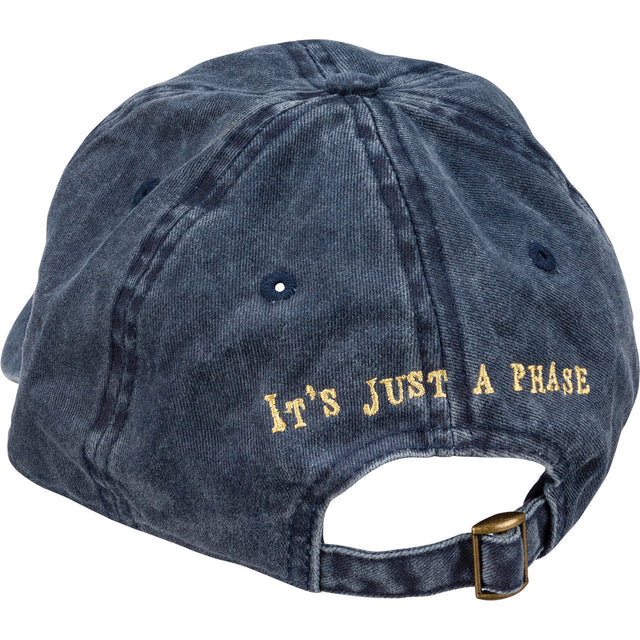 back view of baseball cap featuring embroidered text "It's just a phase"