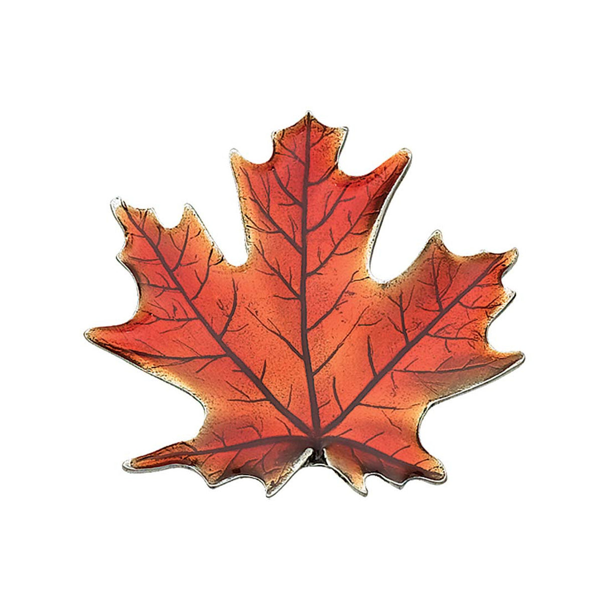 a brooch in the shape of a maple leaf in a brilliant autumnal orange color with intricate handcrafted details