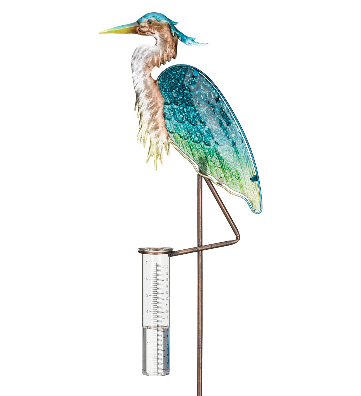 a decorative sculpted heron holding a rain collection tube with gauges for measuring rainfall extending from one of its legs against a white background