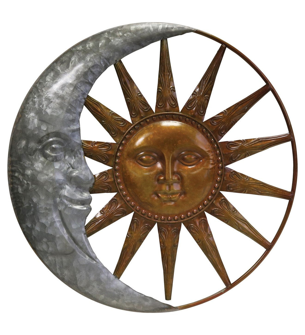 a galvanized metal crescent moon encircling a bronze sun
