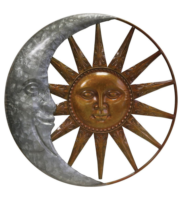 a galvanized metal crescent moon encircling a bronze sun