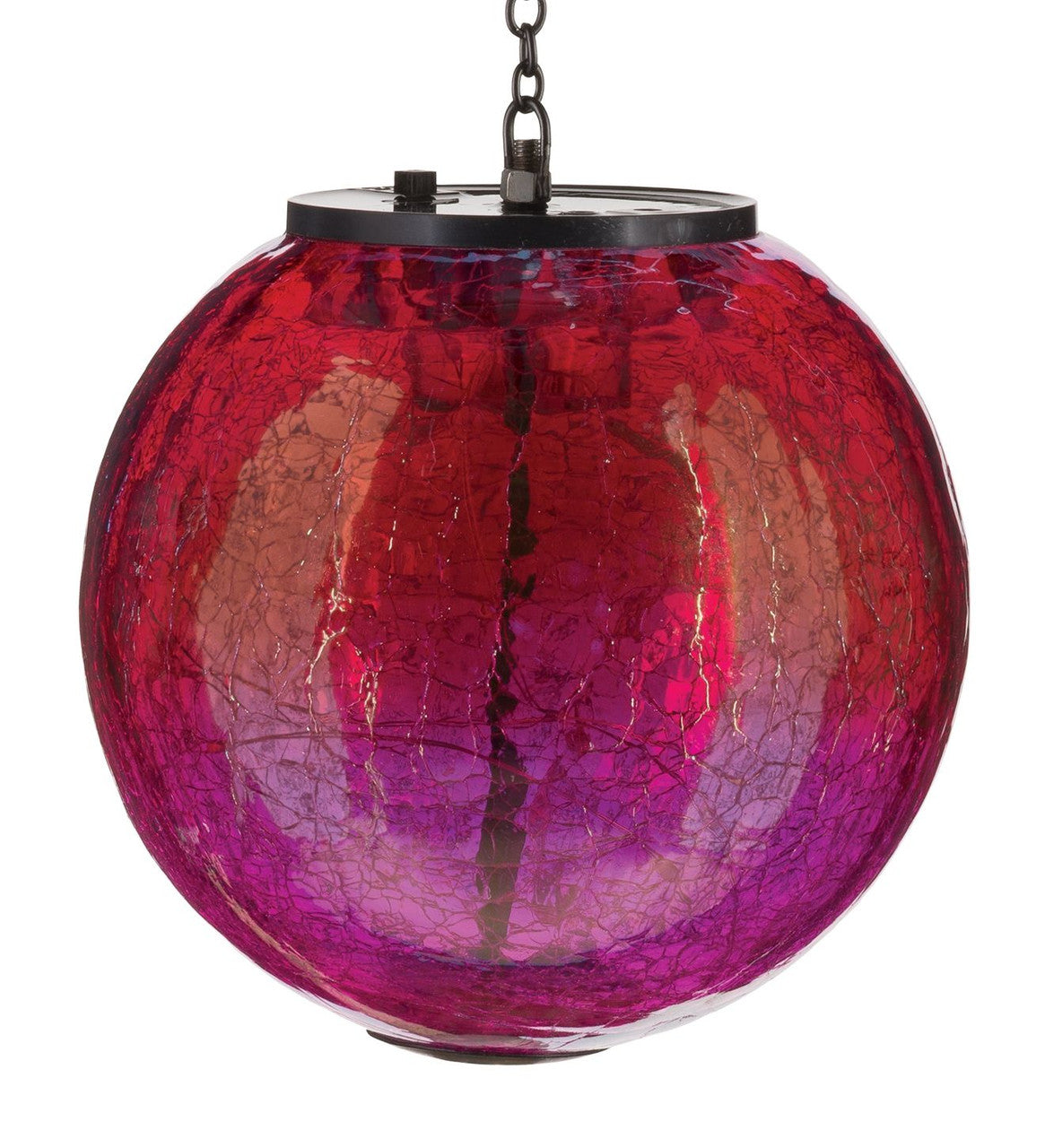 close up view of a round, red and pink glass globe lantern with crackle texture on glass. On/off switch and hanging chain visible at top of globe