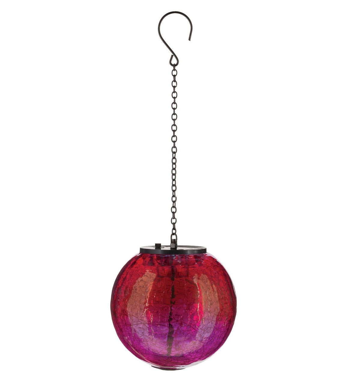 round, red and pink glass globe lantern with crackle texture on glass with hanging hook and chain