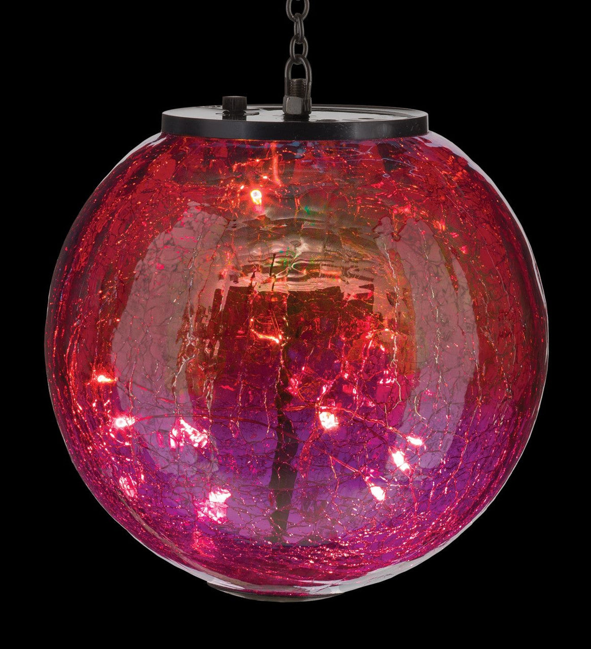 close up view of a round, red and pink glass globe lantern with crackle texture on glass illuminated - On/off switch and hanging chain visible at top of globe