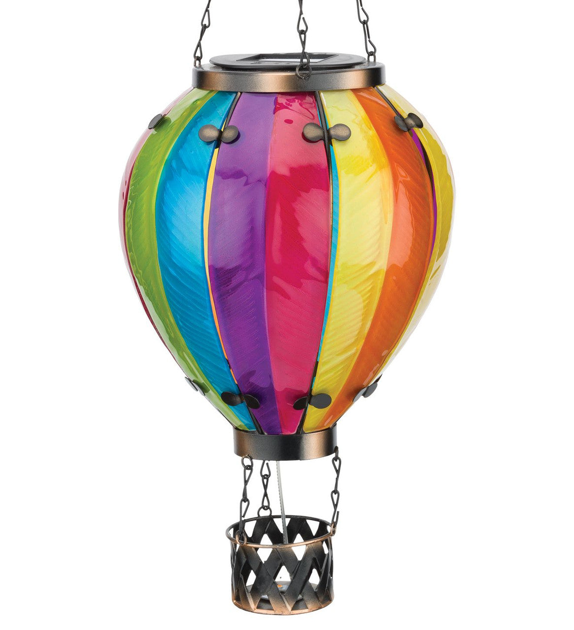 Close up of a colorful hot air balloon-shaped solar light with a metal basket, isolated on a white background.