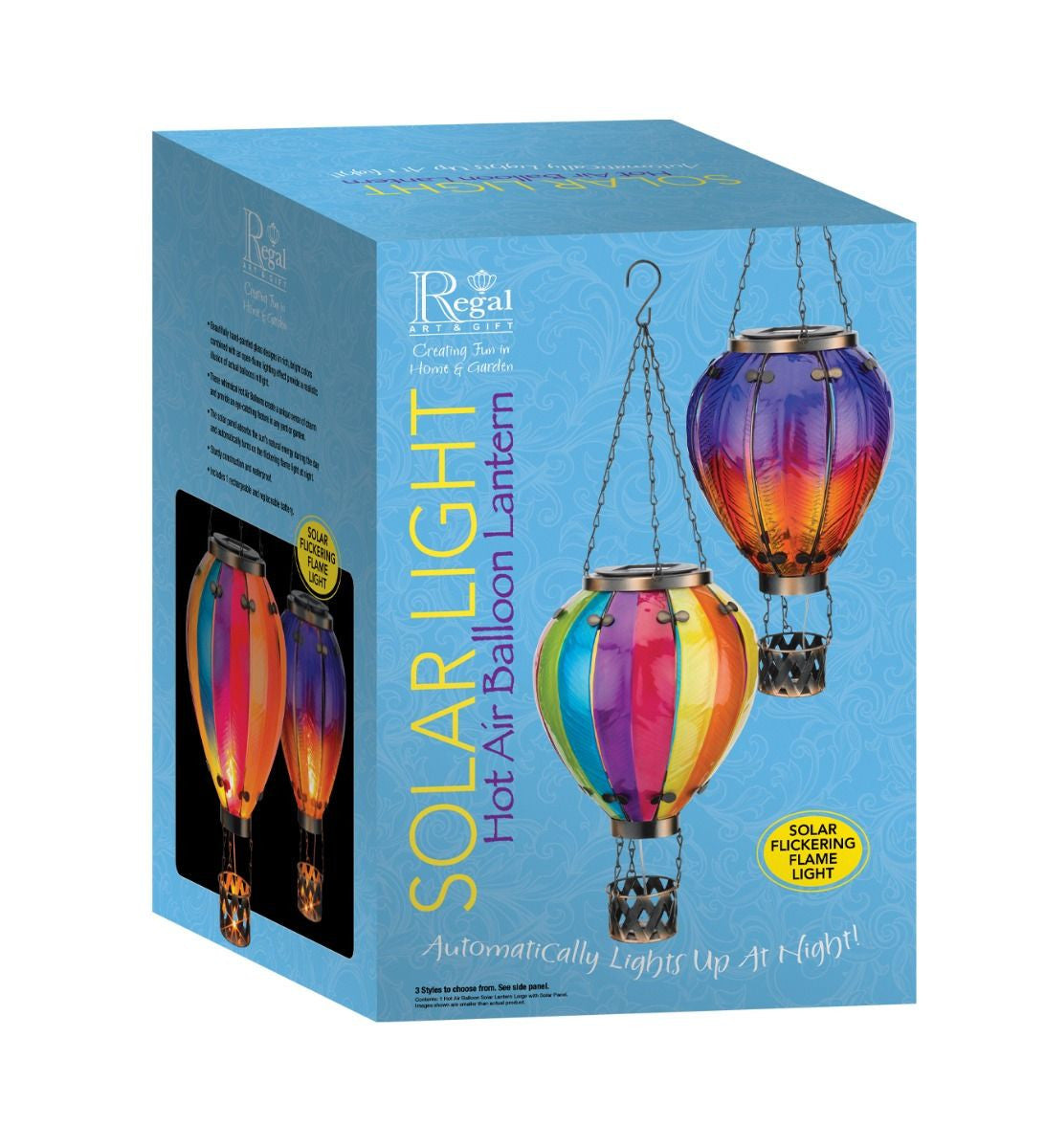 Box packaging for Regal Art & Gift solar light hot air balloon lantern, featuring images of colorful balloon-shaped solar lights.