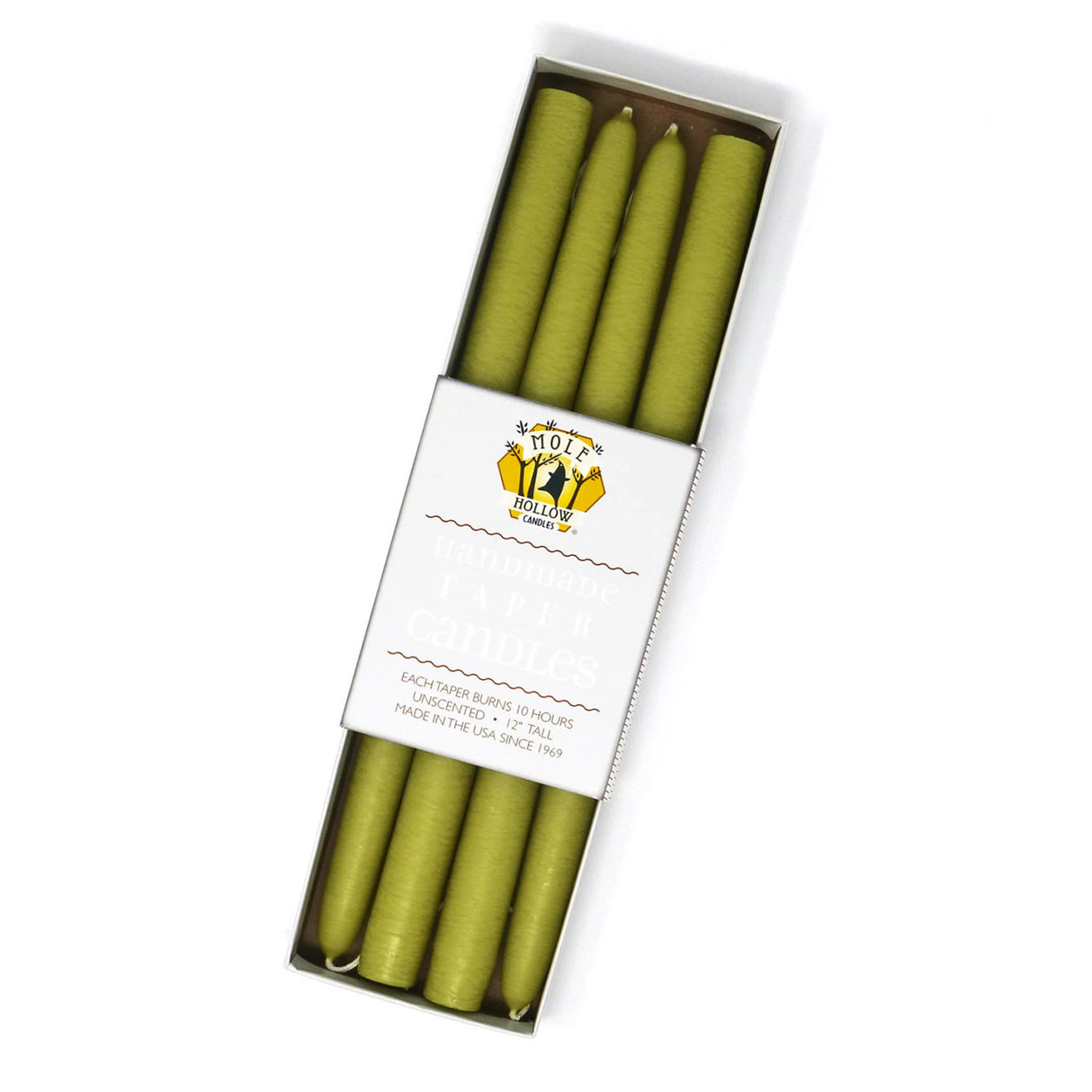 four taper candles with a granny smith green color in a rectangular box with a white label