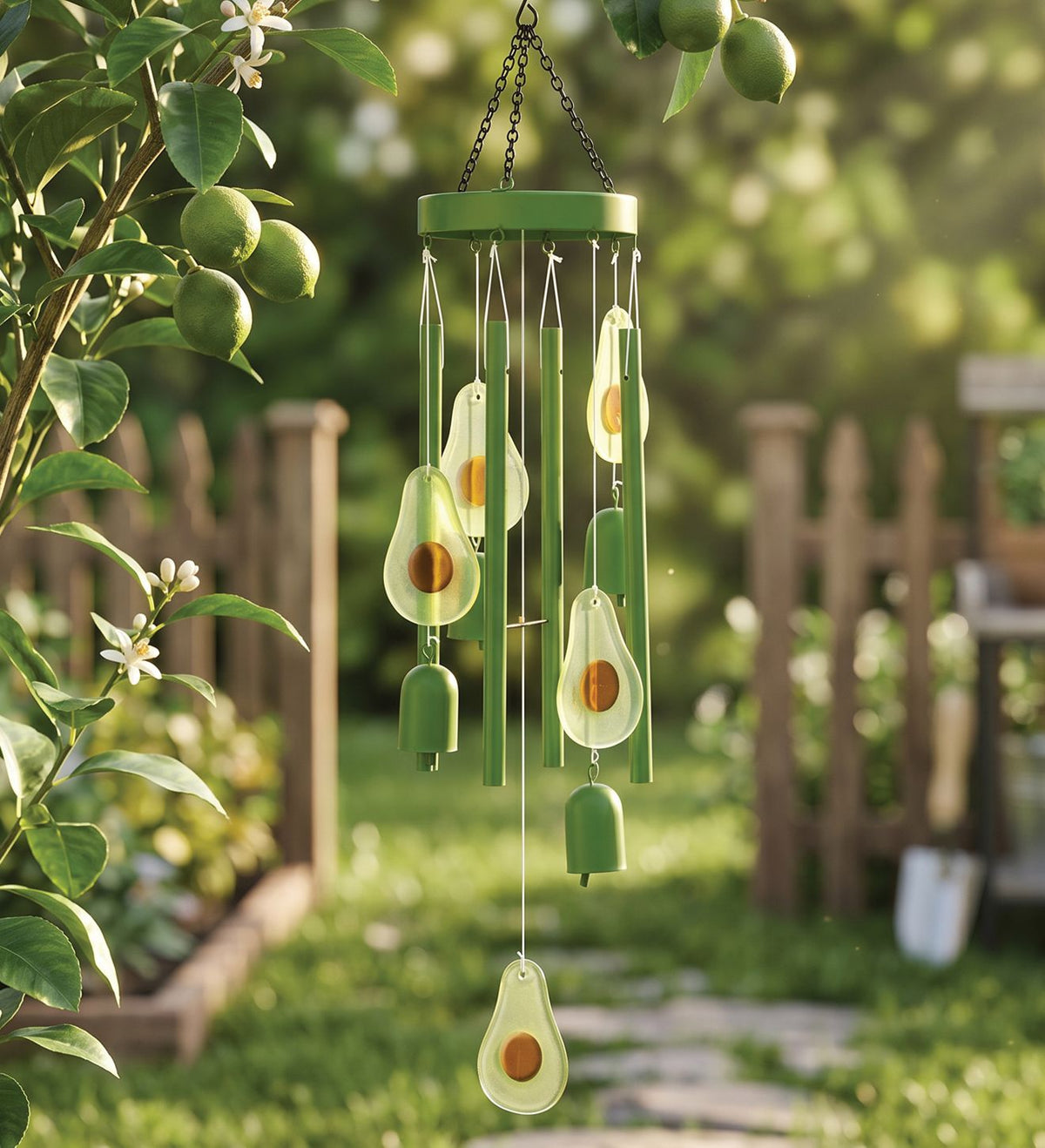 Green avocado-themed wind chimes hanging from a chain in a sunny garden with a blurred wooden fence and grass in the background.