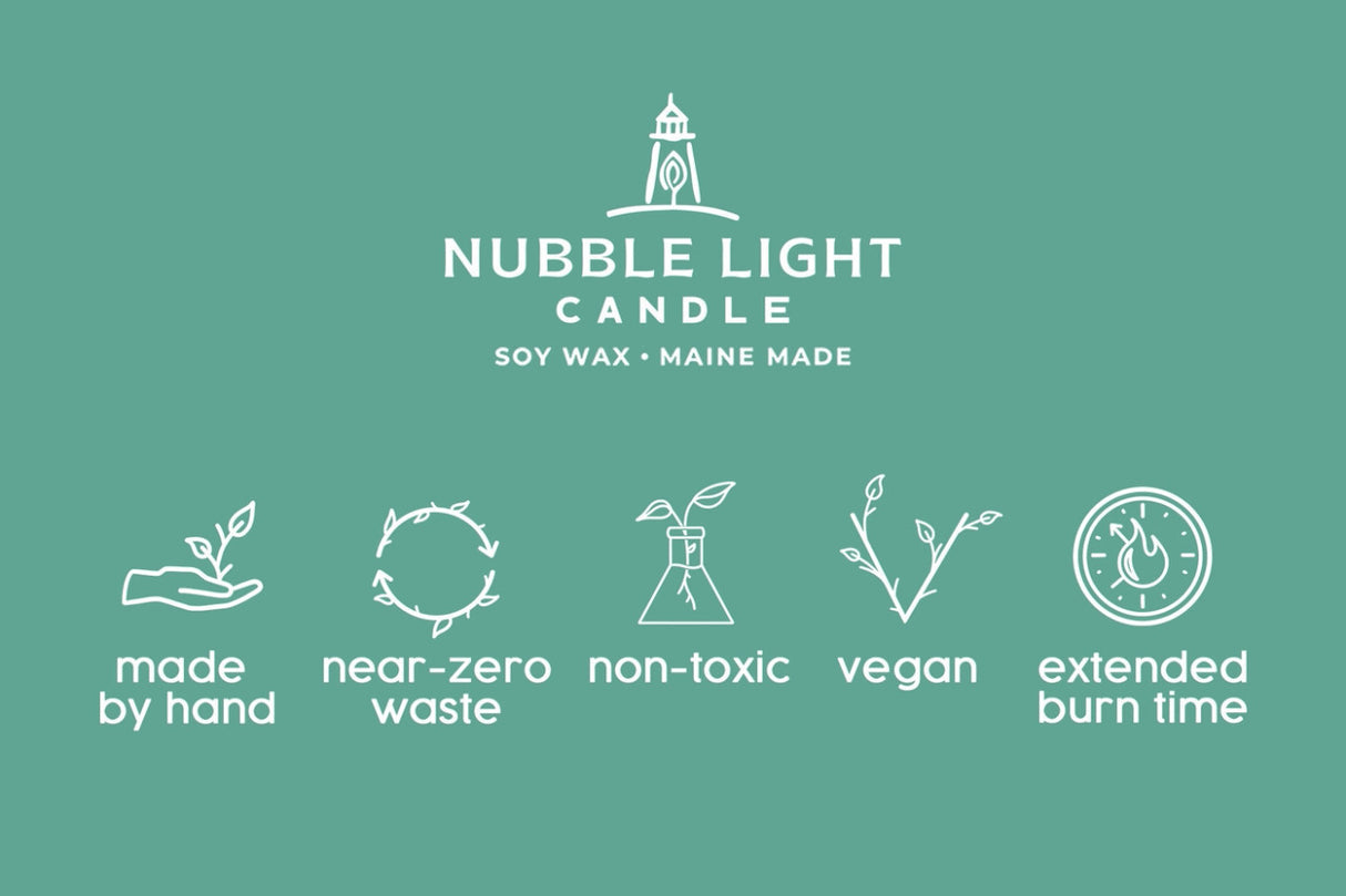 a graphic with info about the candle company - made by hand, near-zero waste, non-toxic, vegan, extended burn time
