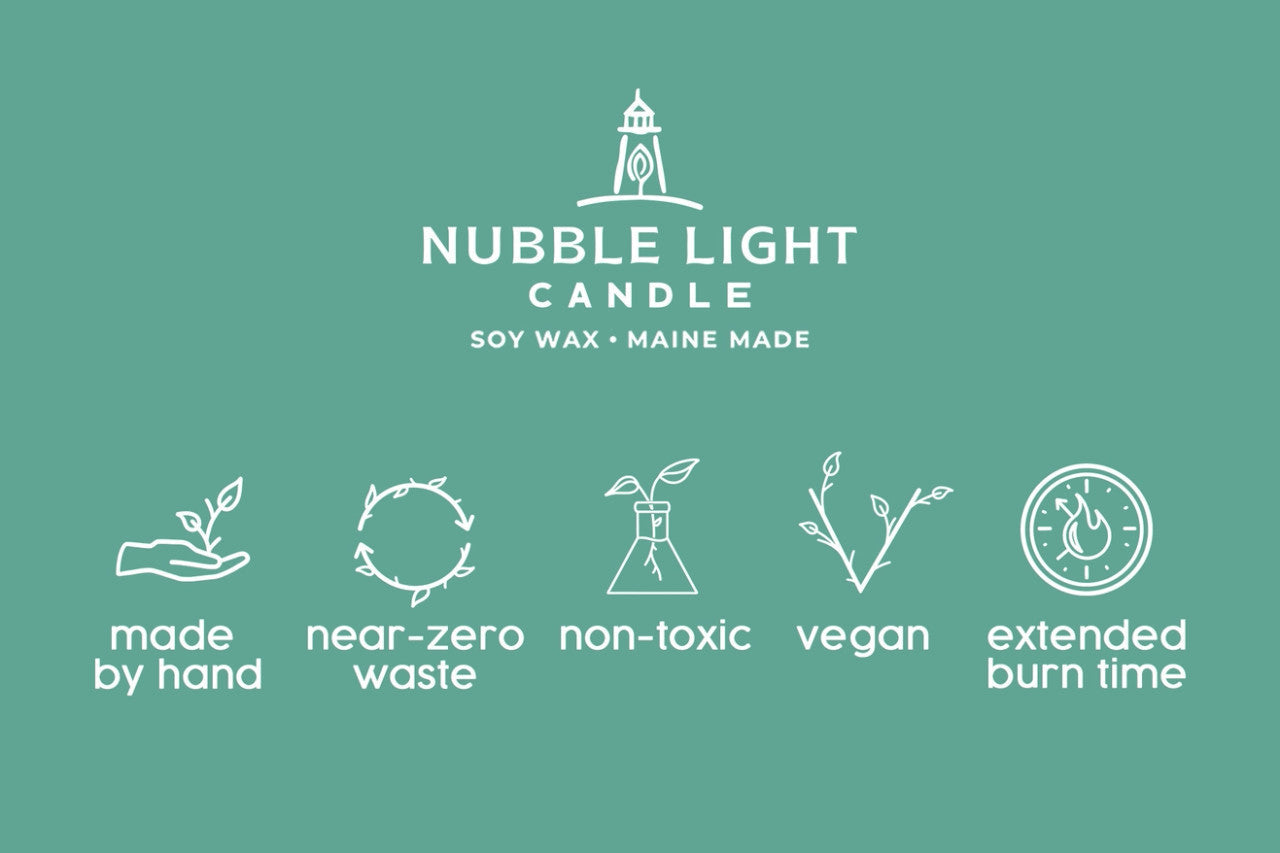 a graphic with info about the candle company - made by hand, near-zero waste, non-toxic, vegan, extended burn time