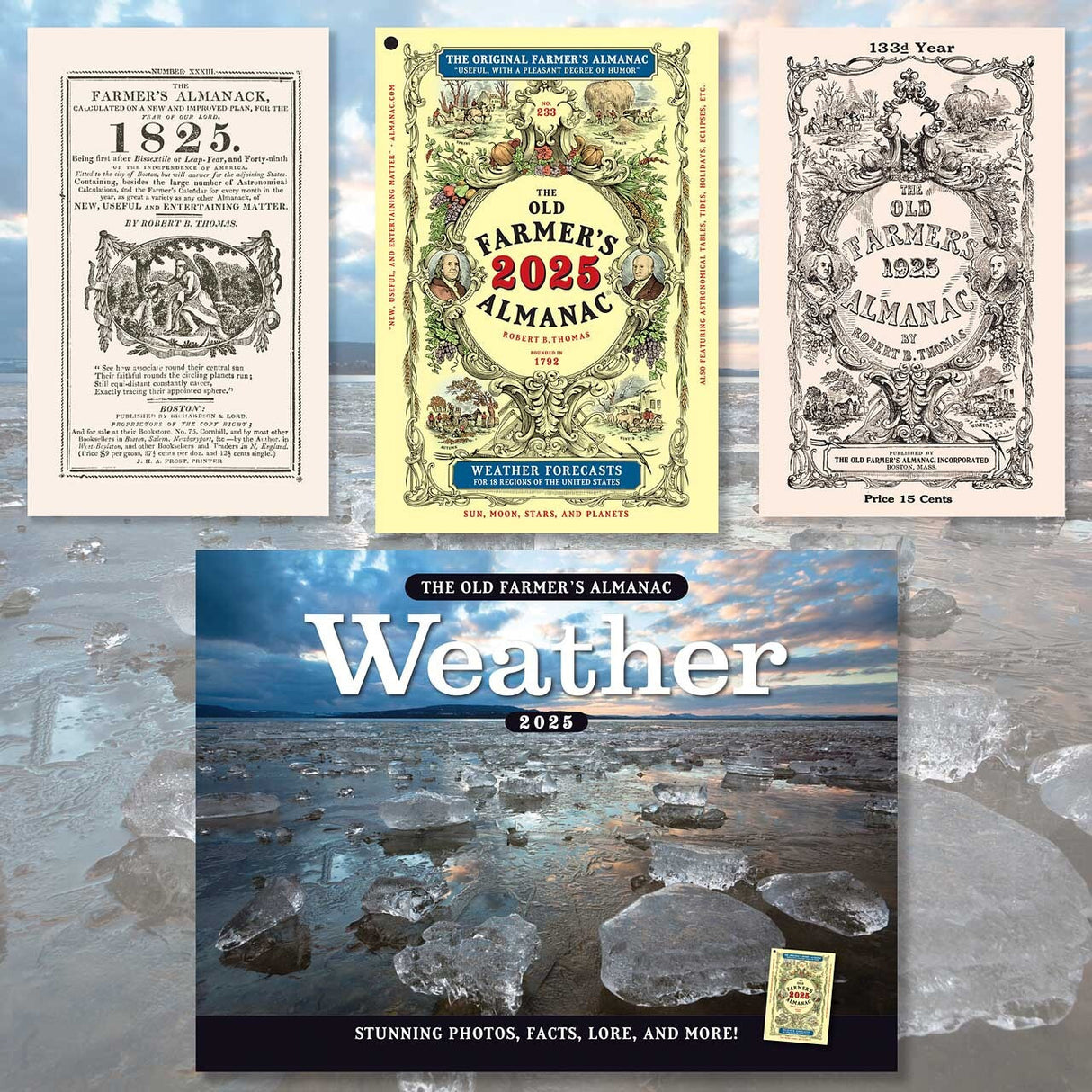 the products included in the Old Farmer's Almanac Club: the current Almanac, Weather Calendar, and replica editions from 100 years ago and 200 years ago