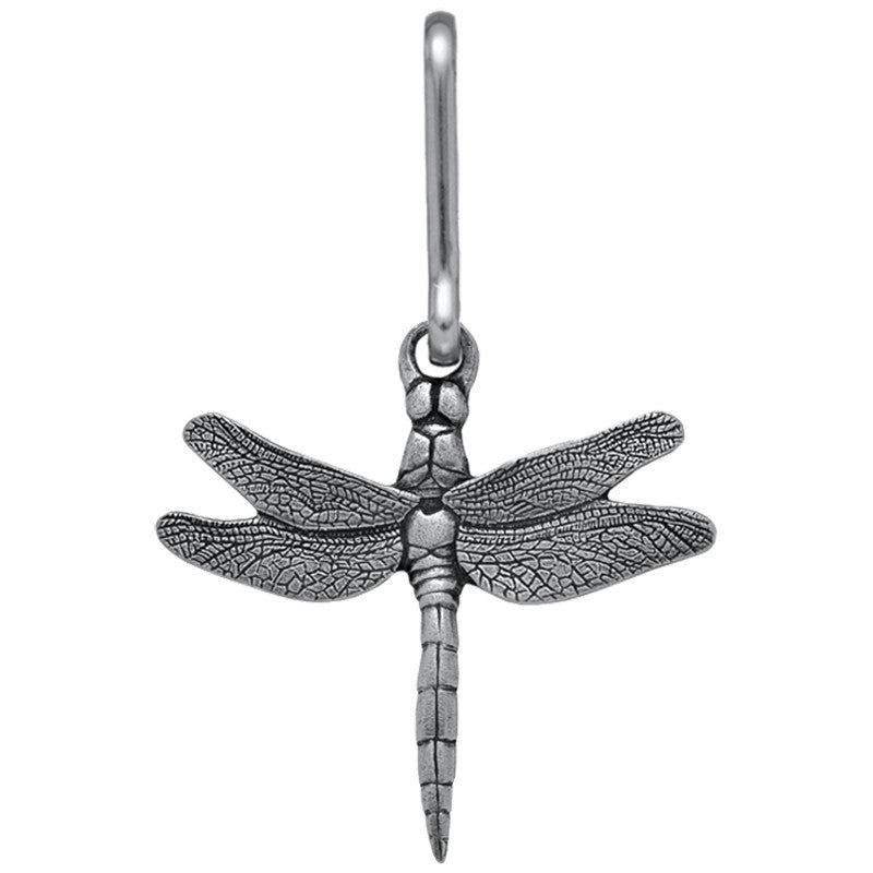 a highly detailed pewter dragonfly zipper pull set against a white background