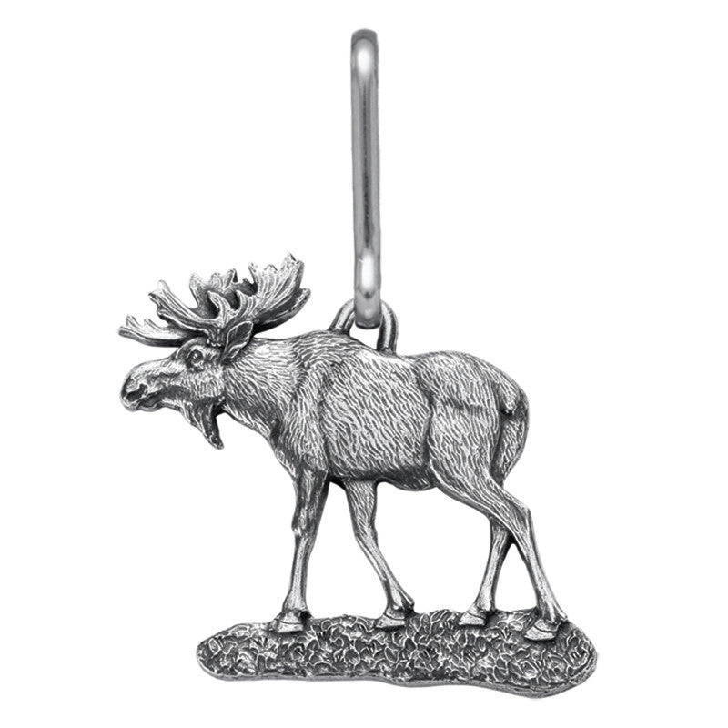 a handcrafted zipper pull in the shape of a moose in profile