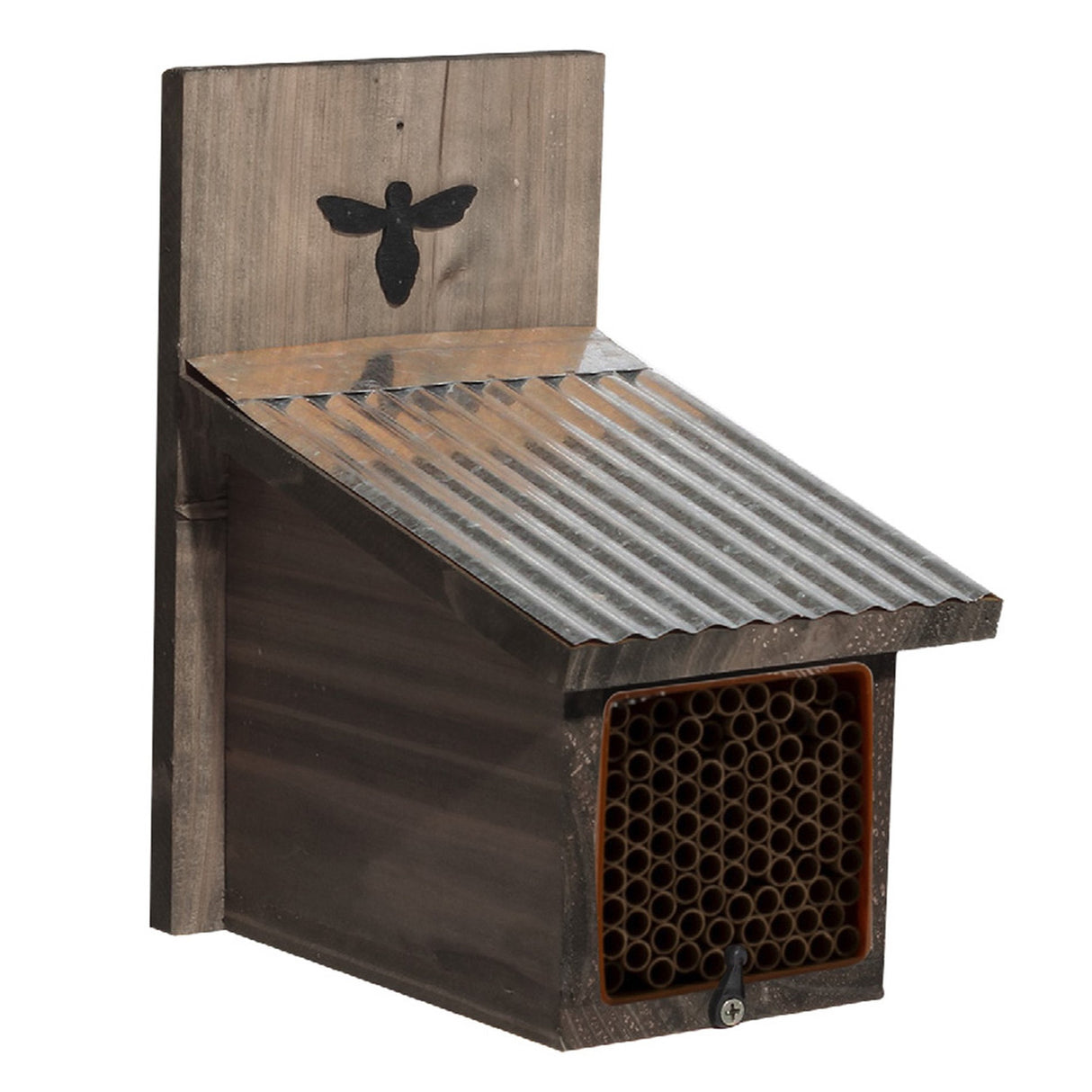 The rustic mason bee house with 94 nesting tubes, corrugated metal roof, and bee emblem