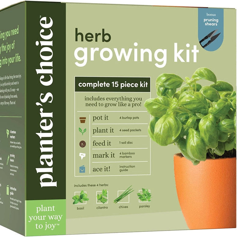 The herb growing kit box featuring an image of basil growing in a pot and details outlining the contents of the kit