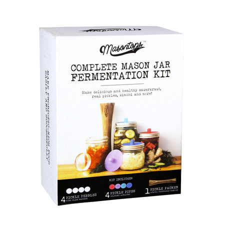 the complete mason jar fermentation toolkit in its packaging with images of the tools inside