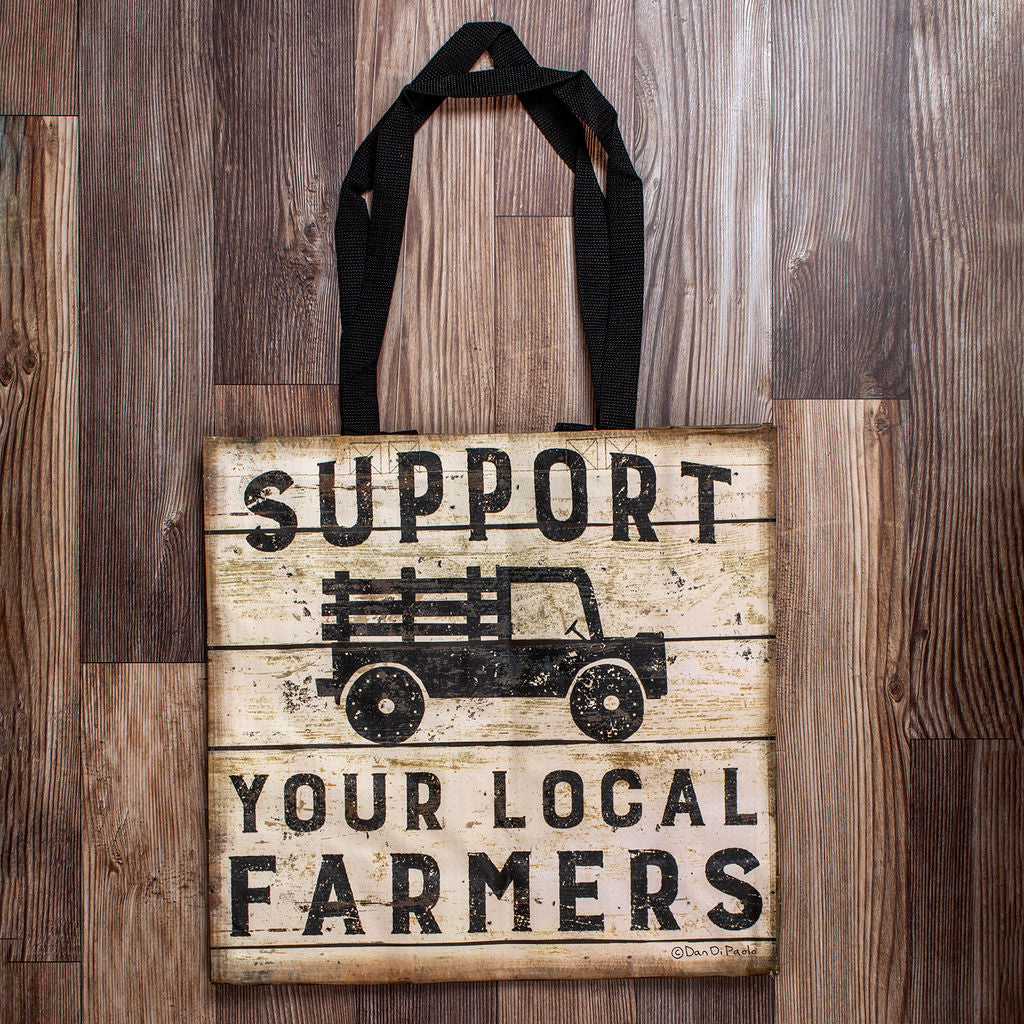 a square woven nylon market tote with wooden plank print and a graphic of a pick up truck that reads "Support Your Local Farmers"