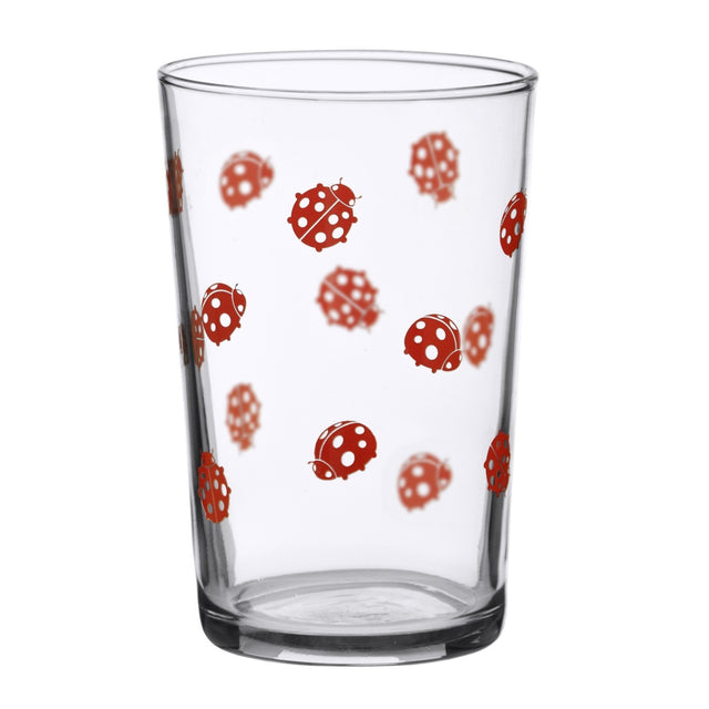 Clear glass with red ladybug patterns on a white background