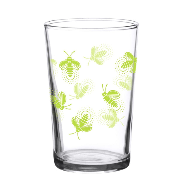 Clear glass with green firefly patterns on a white background