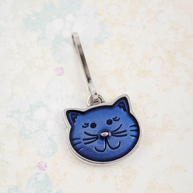 Danforth Pewter, kitty zipper pull, blue kitty face