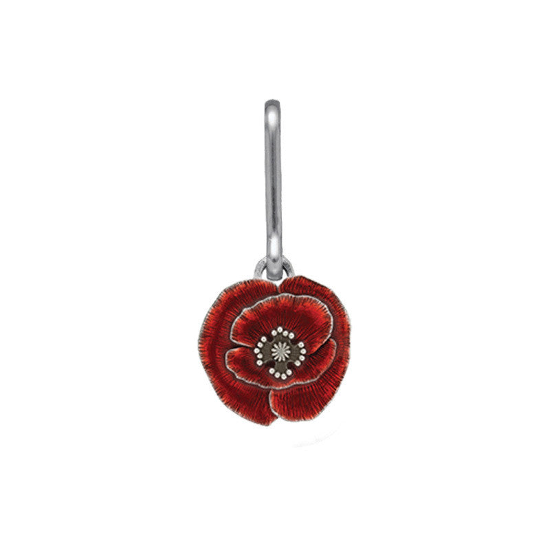 a vibrant red poppy zipper pull with handcrafted pewter details