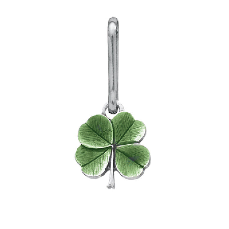a charming 4 leaf Clover Zipper Pull, handcrafted in pewter and finished in a vibrant emerald green and set against a white background