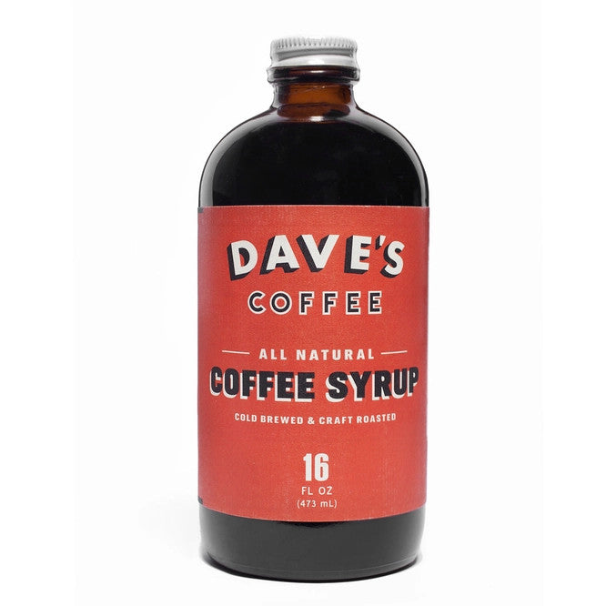 Dave's Coffee Syrup Bottle - tall brown bottle with a white cap and red label