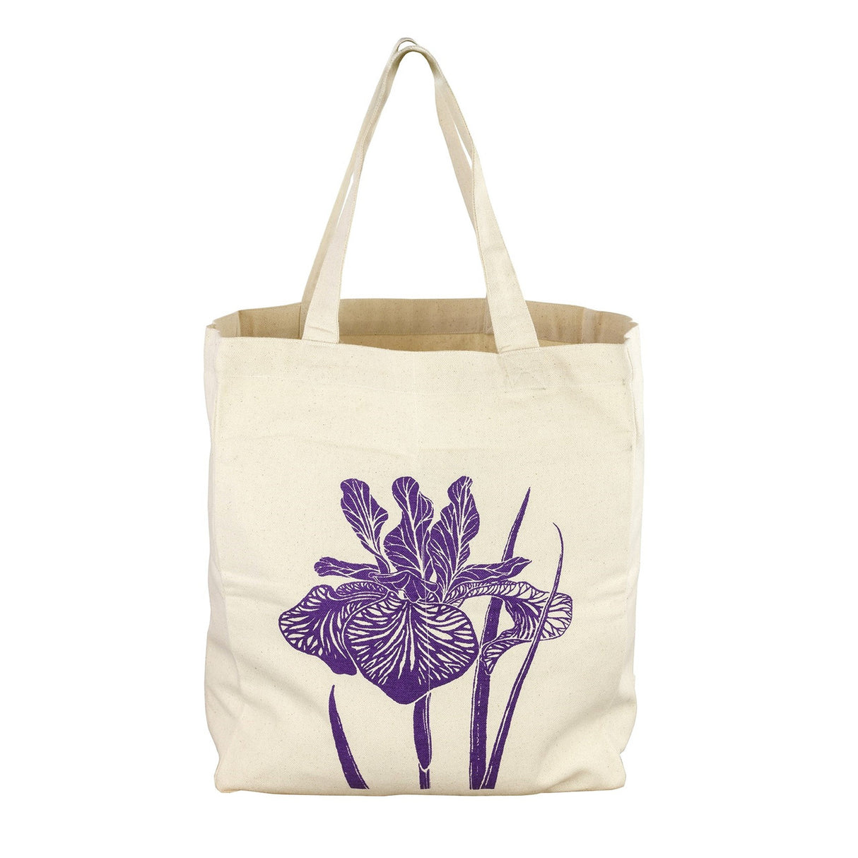 the iris side of the tote bag showing the purple iris design