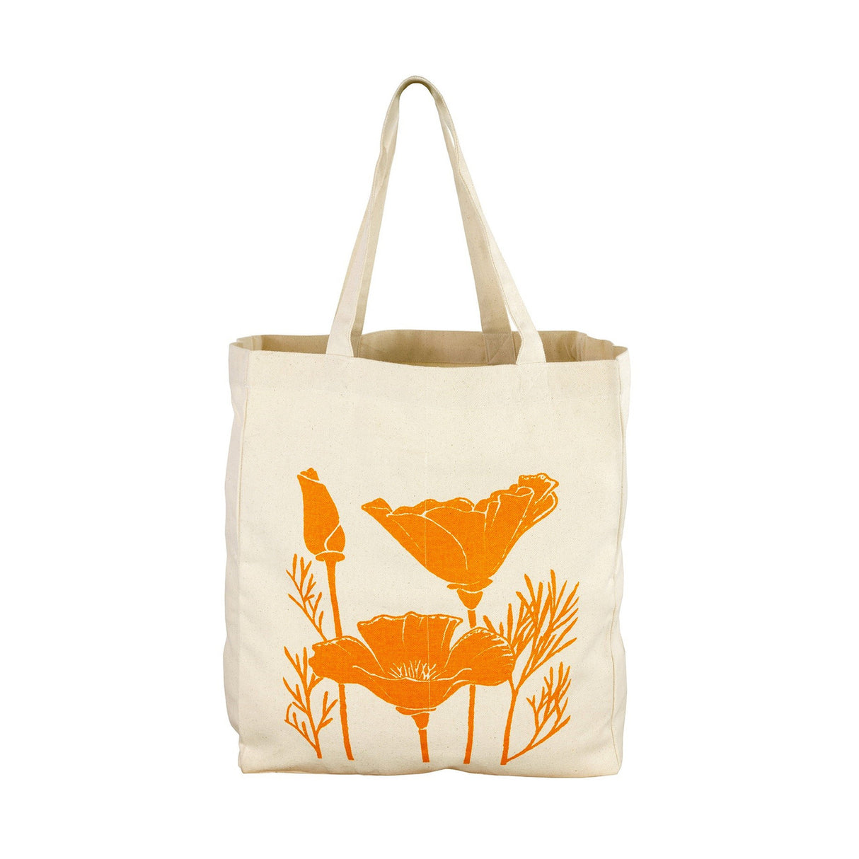 the poppy side of the tote bag showing the orange poppy illustration