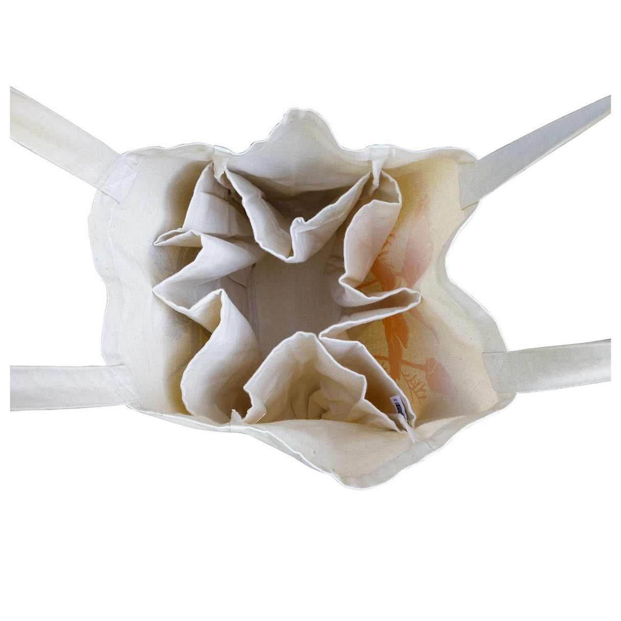 an above view of the empty farmer's market tote bag showing the multiple inner pockets to safely store and tote groceries