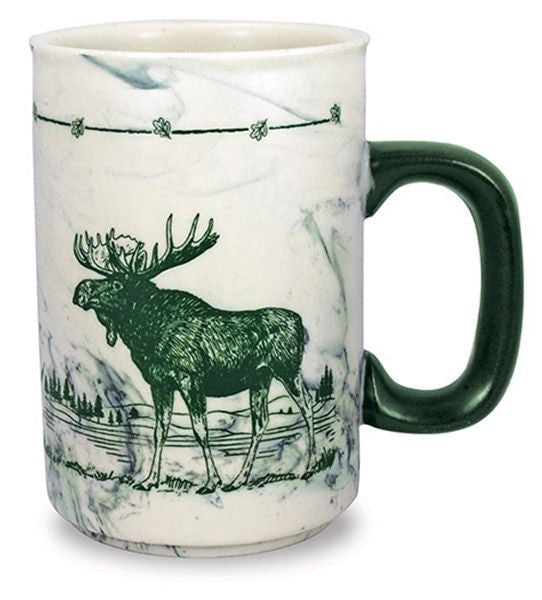 White coffee mug with a moose design,