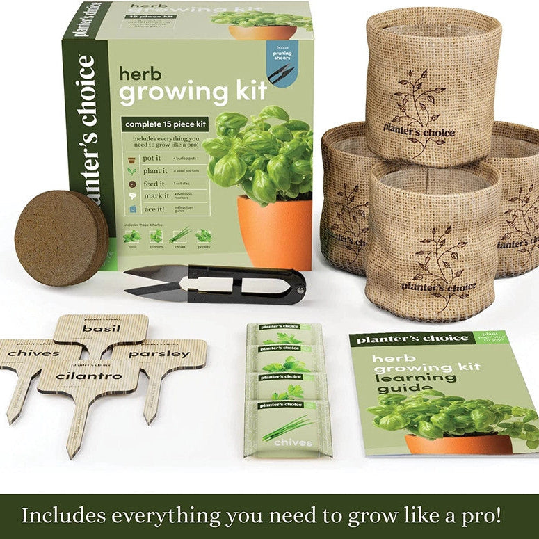 the herb growing kit package and contents arranged in a playful way
