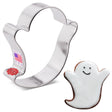 a ghost shaped cookie cutter alongside a decorated ghost shaped cookie