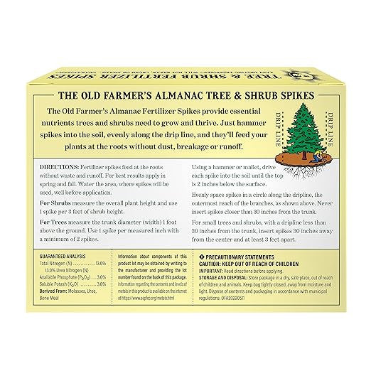 the back of the tree and shrub spike package with directions and info
