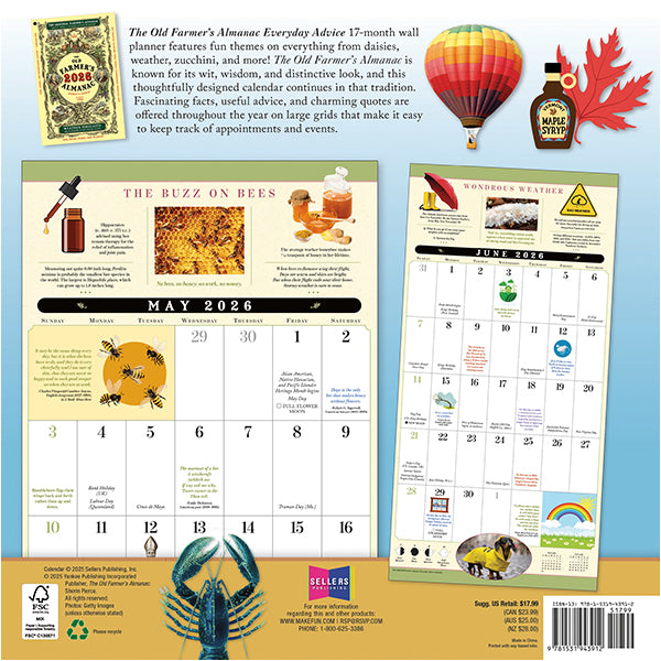 Calendar with various elements including a hot air balloon, maple syrup bottle, and lobster on a blue background.
