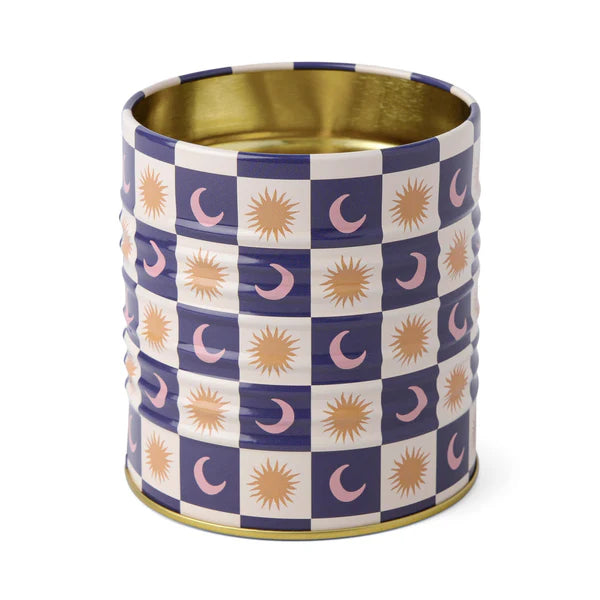 Decorative cylindrical container with sun and moon pattern on a white background