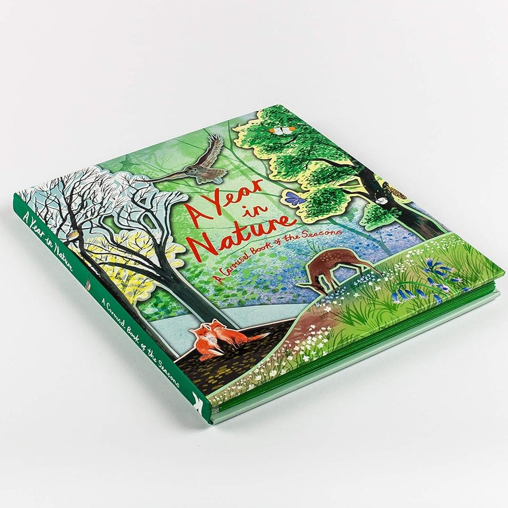 Children's book titled 'A Year in Nature' with illustrations of animals and nature on a white background