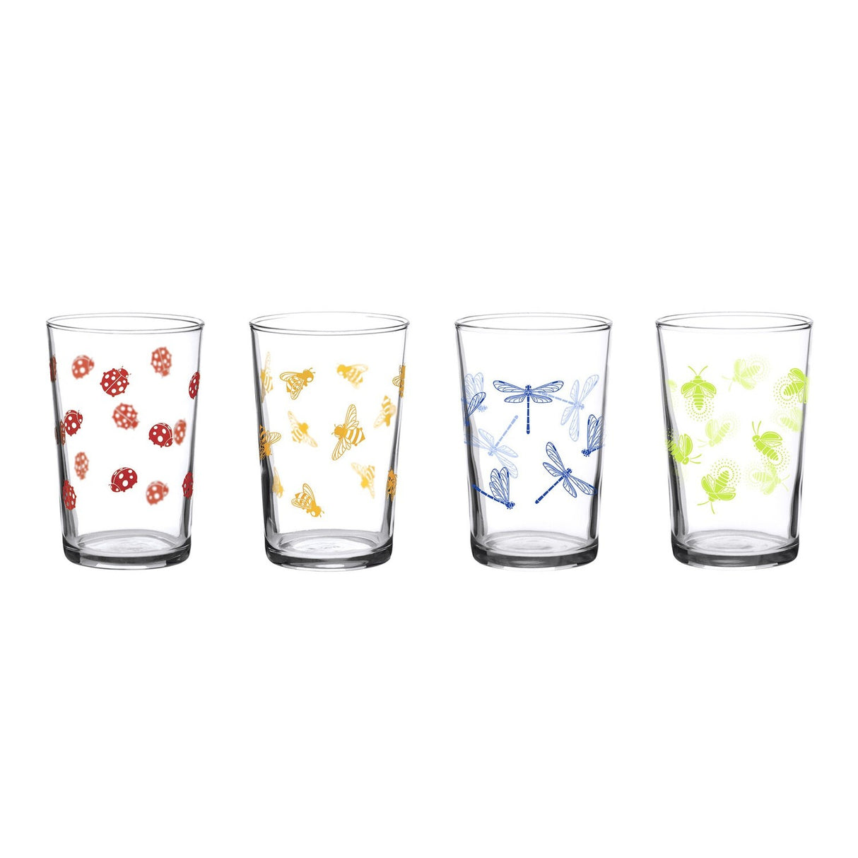 Four glass tumblers with colorful insect prints on a white background