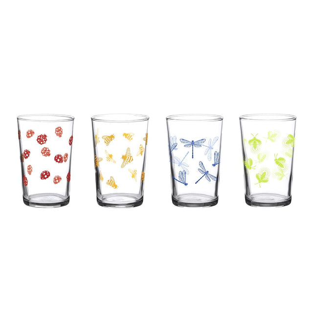 Four glass tumblers with colorful insect prints on a white background