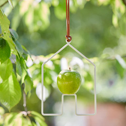 the apple bird feeder hanging from a tree branch with a bright green apple in the feeder
